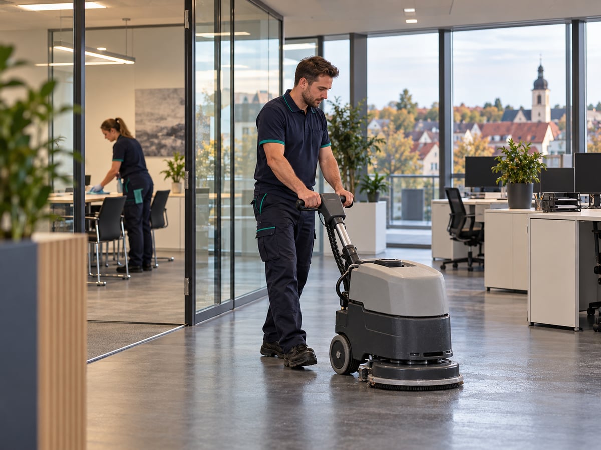 KI-generiertes Bild: Büroreinigung in einem modernen Verwaltungsgebäude in Bietigheim-Bissingen