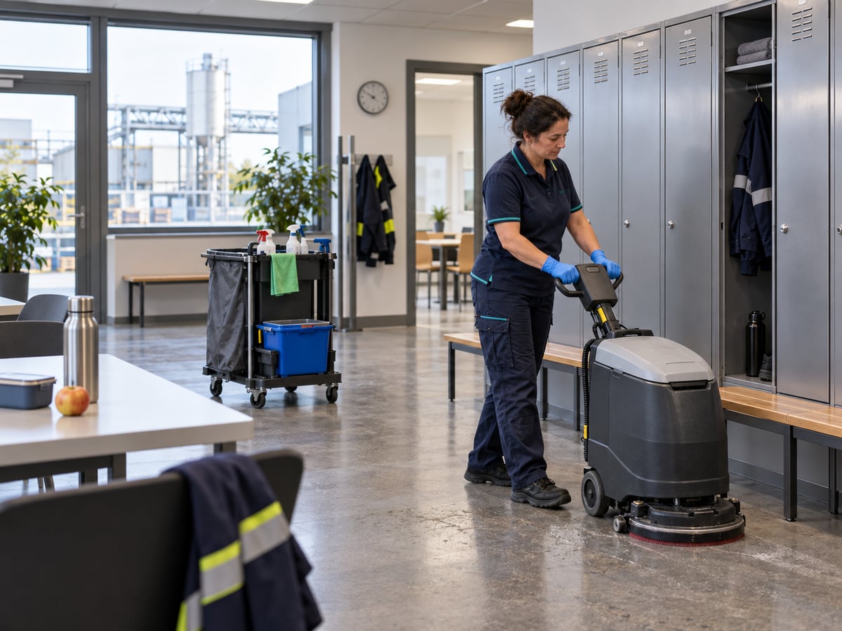 KI-generiertes Bild: Reinigung eines Sozial- und Umkleideraums in einem Heilbronner Gewerbeobjekt